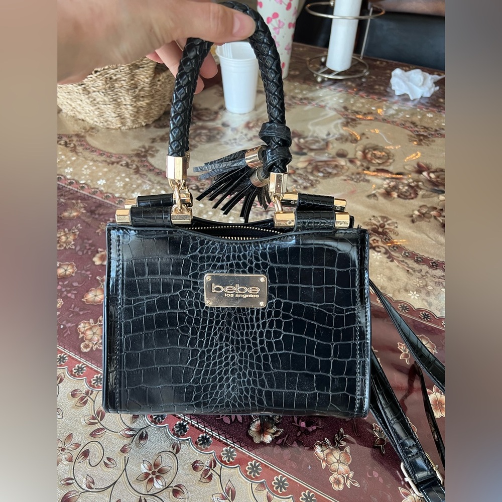 bebe Black Croc-Embossed Satchel with Gold Hardware